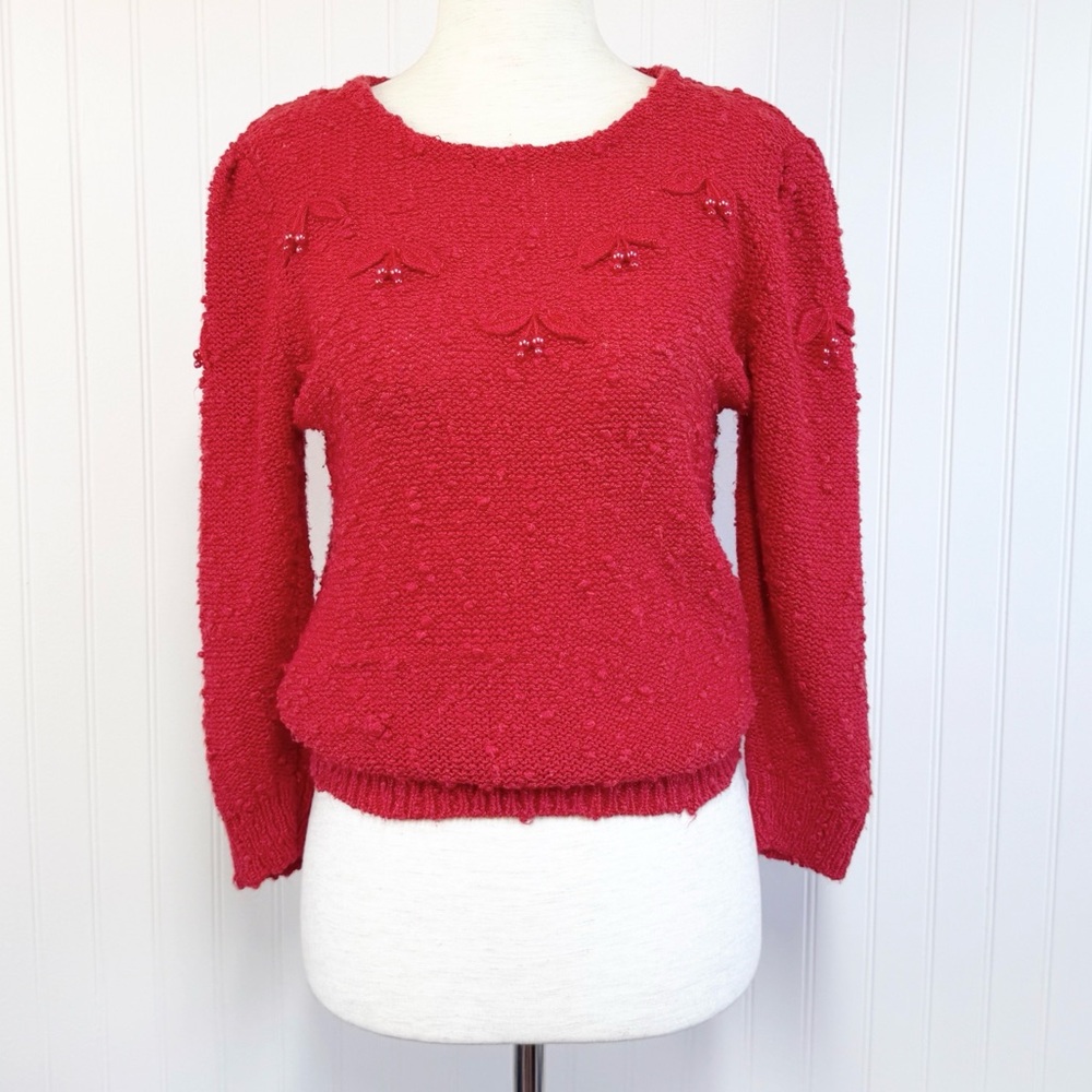 VINTAGE 80s Beaded Red Cherry Sweater Small Pullover Embroidered Puff Sleeve‎